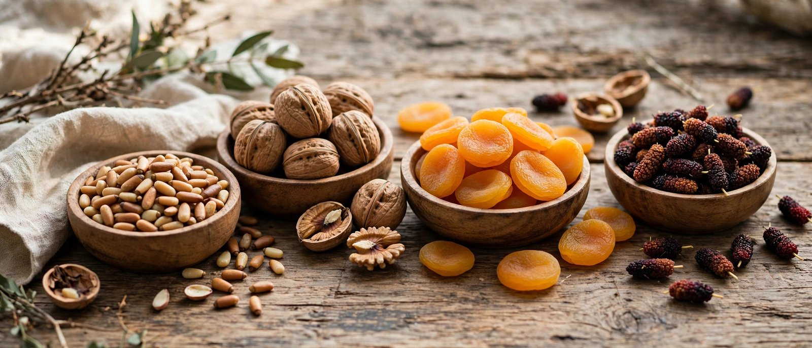 Chitrali dry fruits and nuts in wooden bowls
