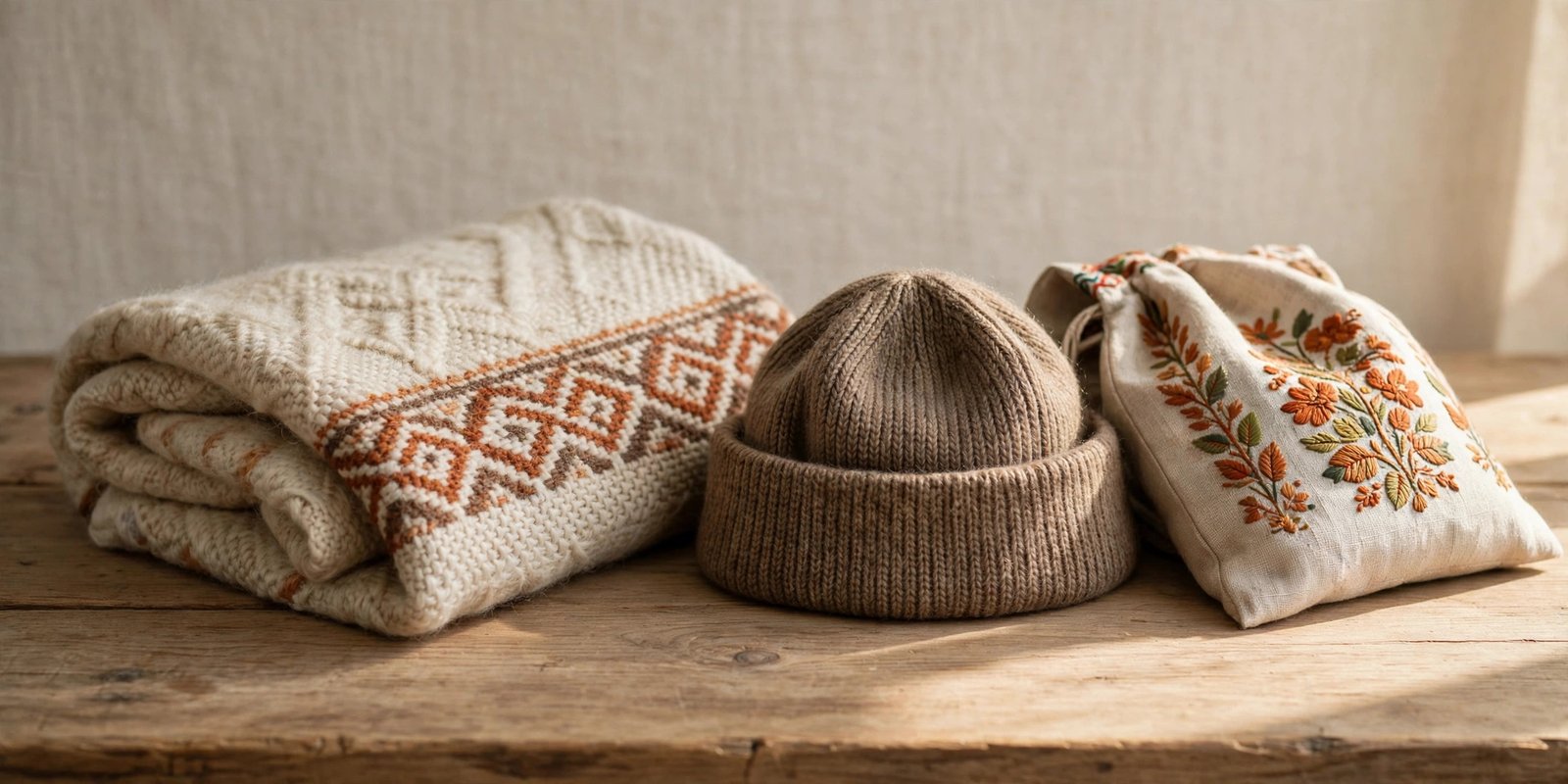 Handmade woolen shawl, wool cap and embroidered bag